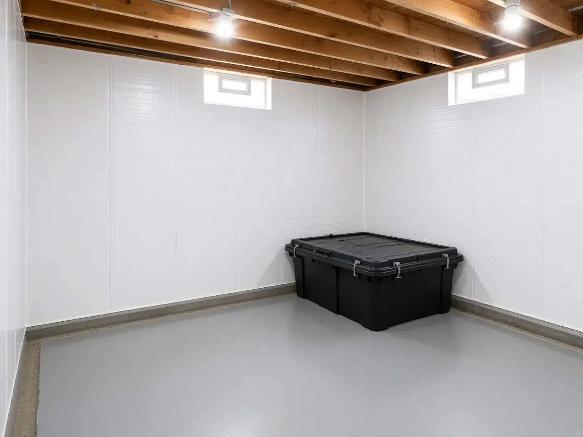 White wall liner above a new perimeter drain strip in a basement