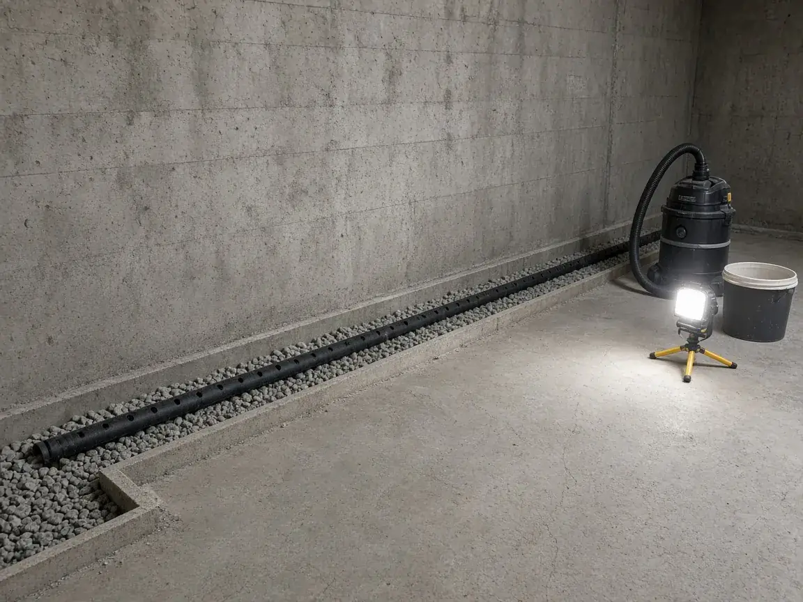 Perimeter drain trench with gravel and pipe cut into a basement floor