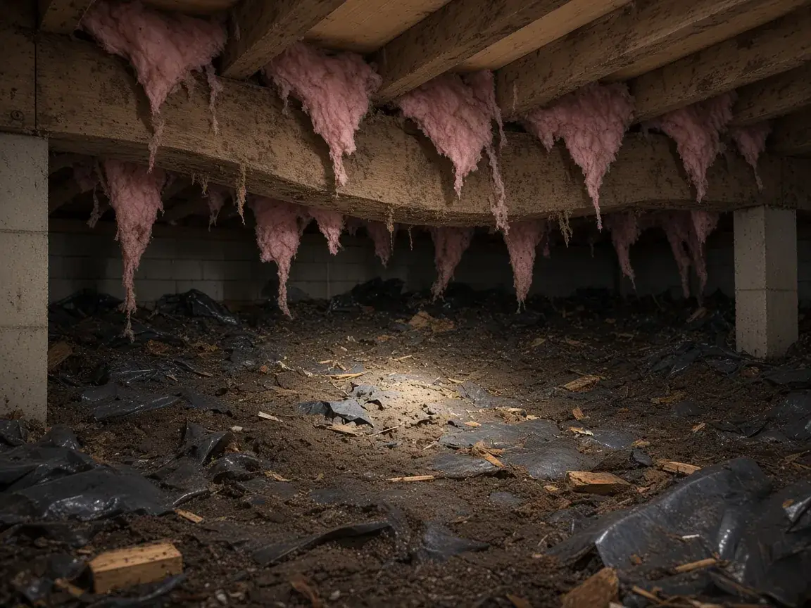 Dirt crawl space with torn plastic and hanging insulation