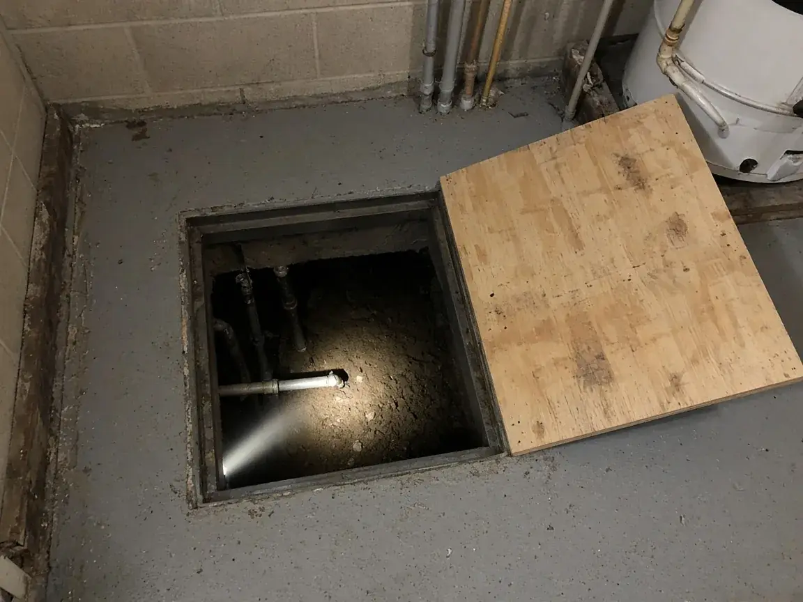 Open crawl space access hatch showing a dirt floor