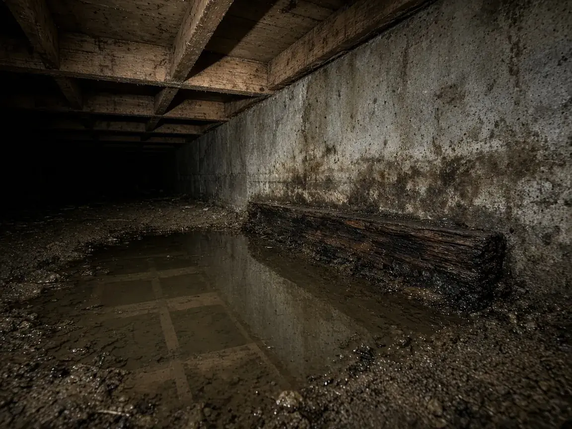 Standing water on the floor of a crawl space