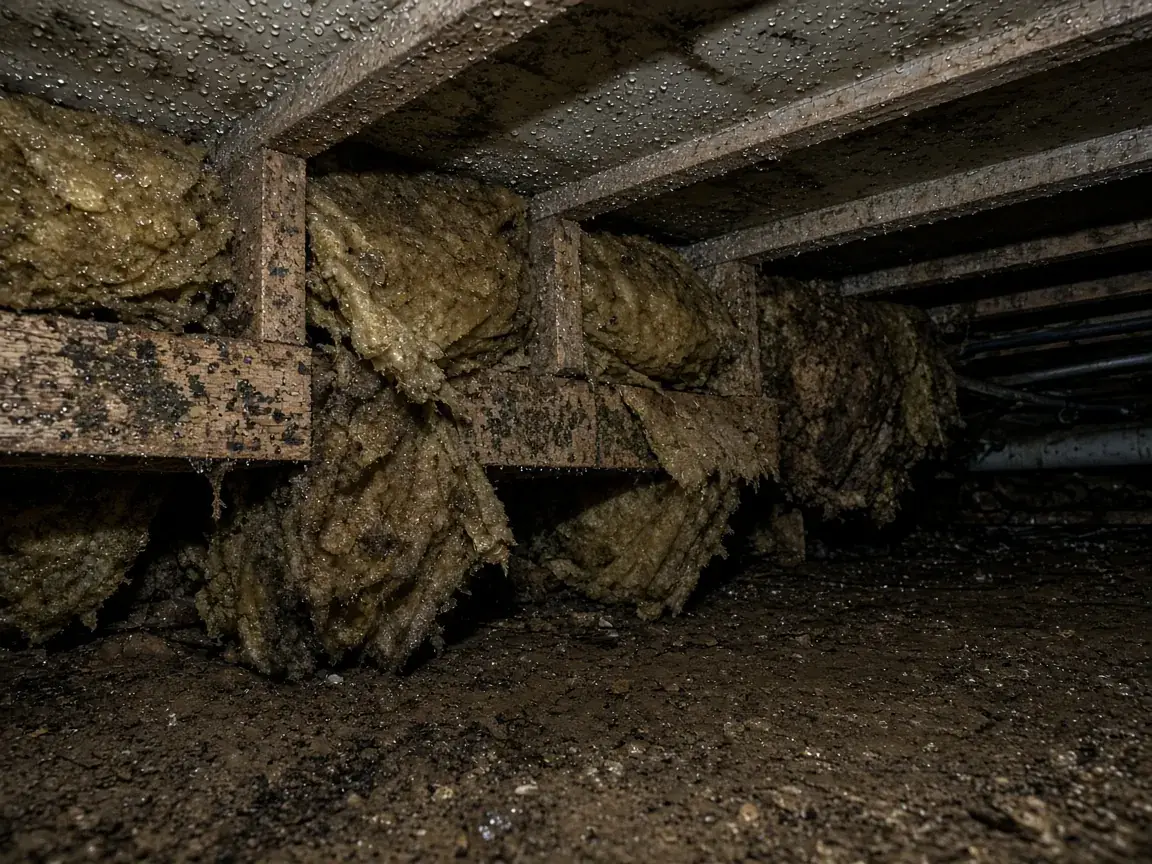 Wet insulation fallen from the floor joists in a crawl space