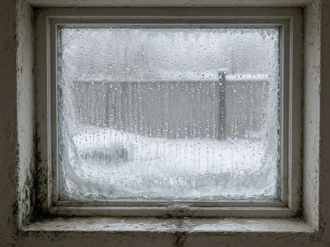 Frost and condensation on a basement window