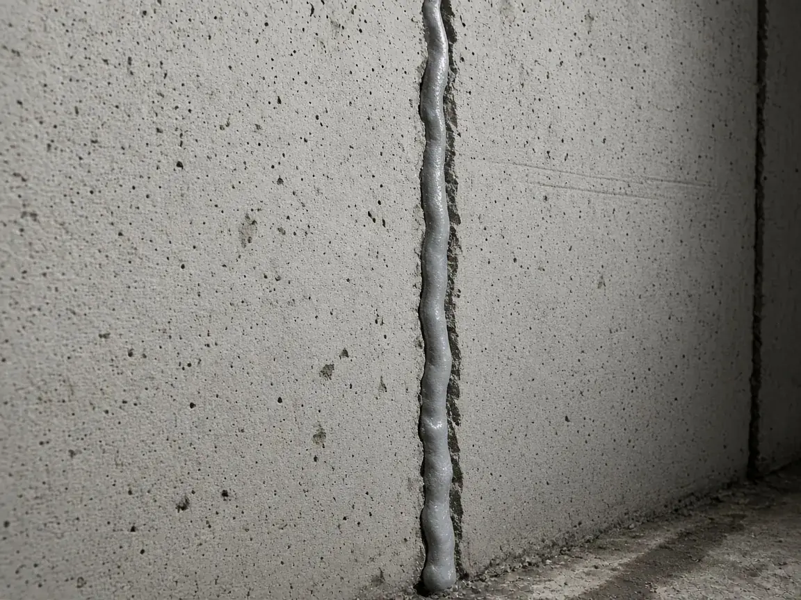 Foundation wall crack sealed with a smooth epoxy bead
