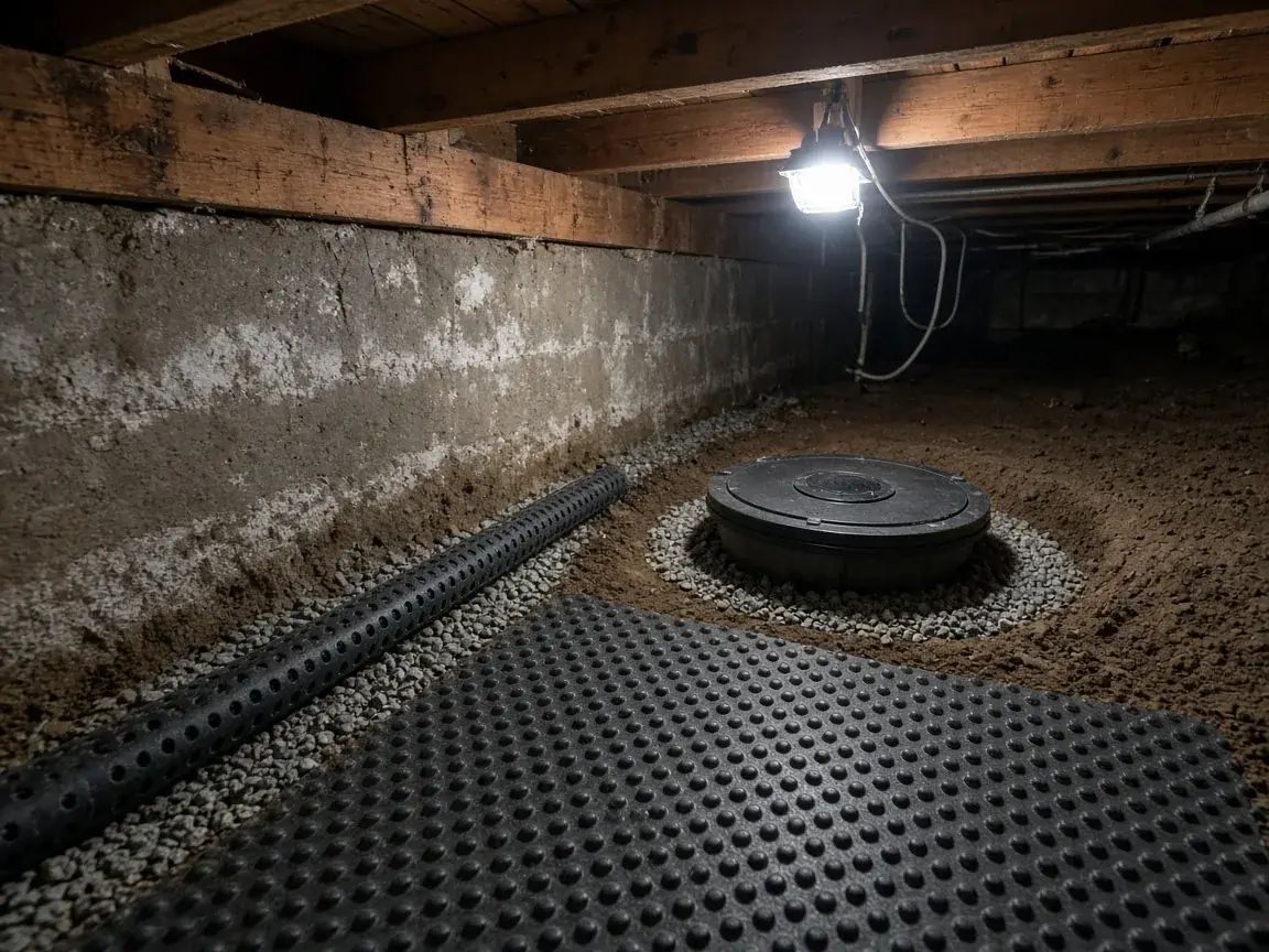 Crawl space sump with drain pipe and matting