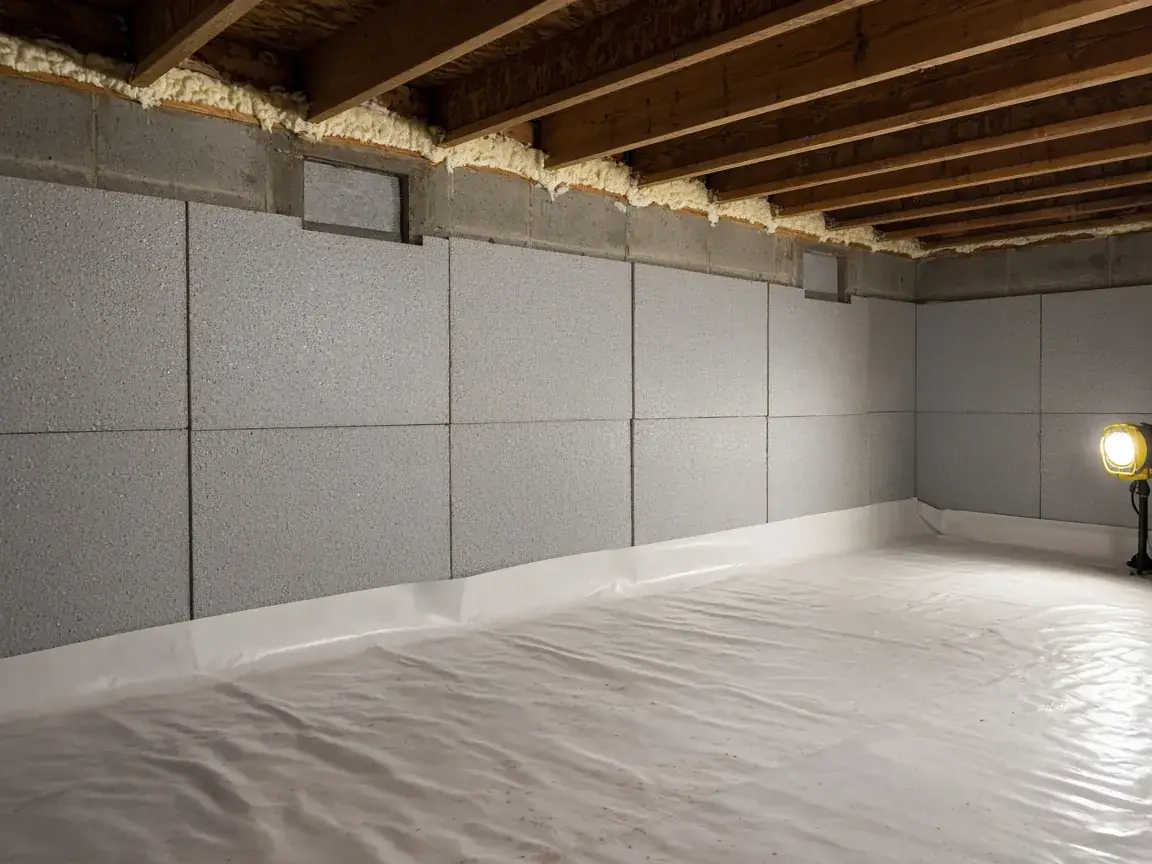 Insulated crawl space walls with a liner