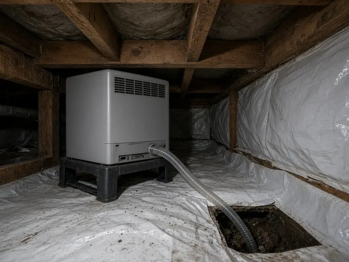 Dehumidifier in a lined crawl space