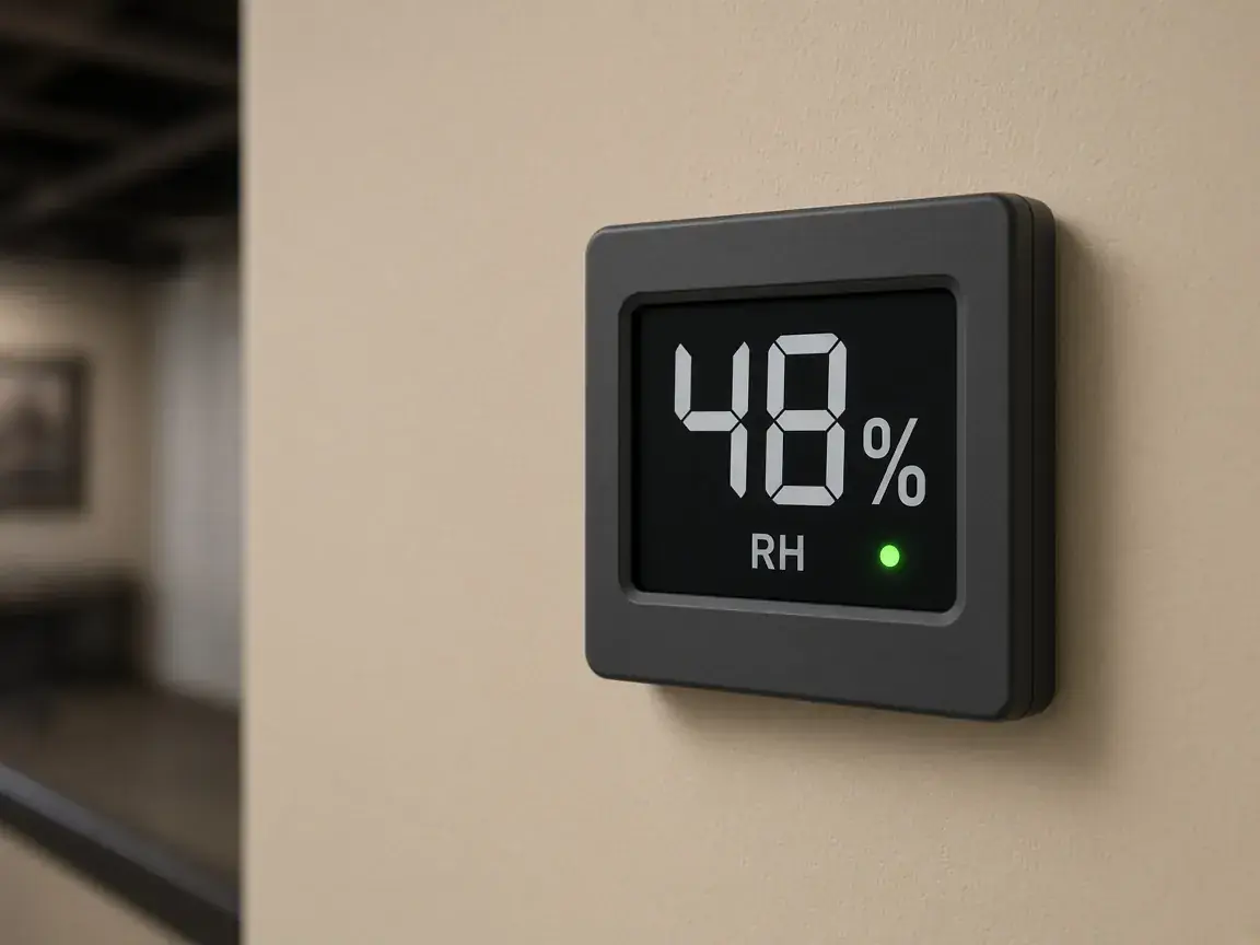 Dehumidifier display reading 48% humidity