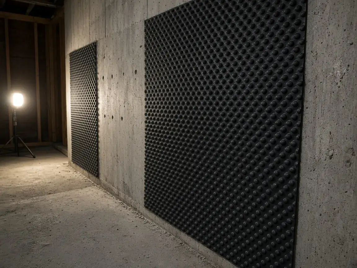 Dimpled drainage membrane on a basement wall