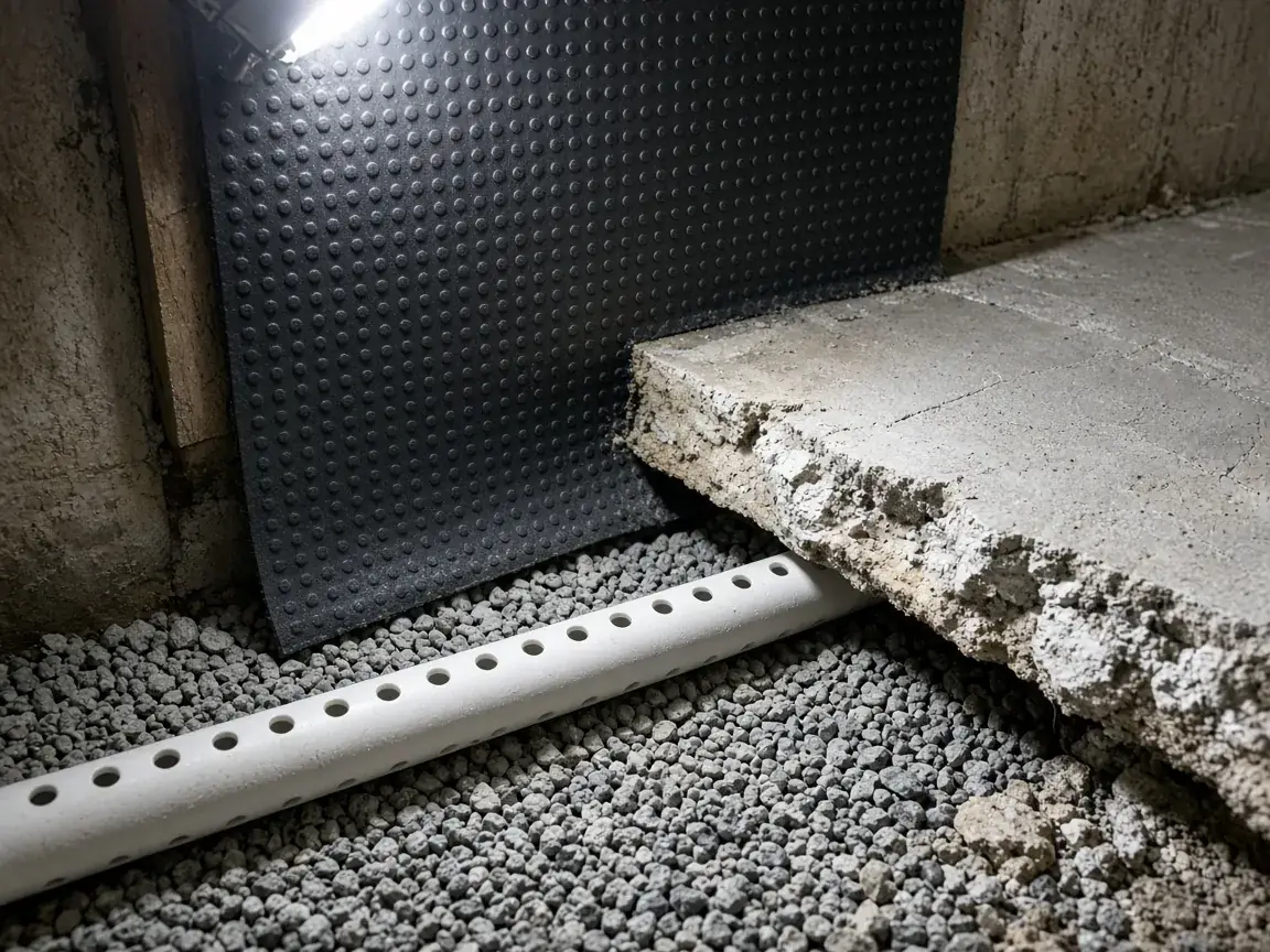 Drainage membrane lapped into a perimeter trench with pipe