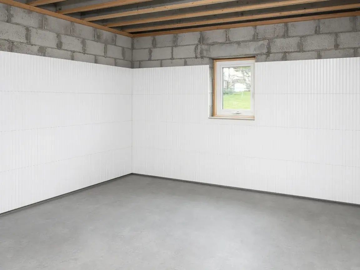 Ribbed white drainage panels on basement walls