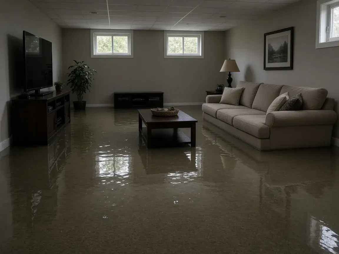 Finished basement room flooded with standing water
