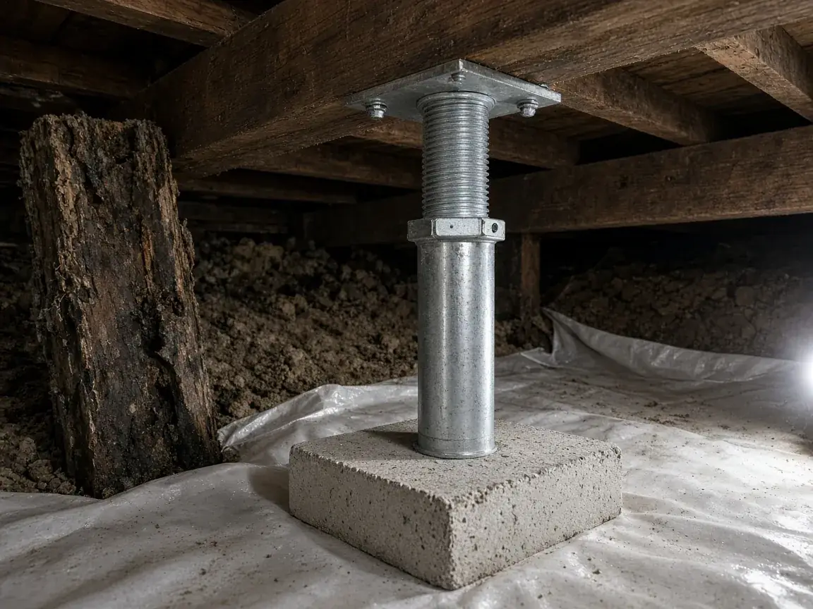 Adjustable steel support post replacing a rotted wood post