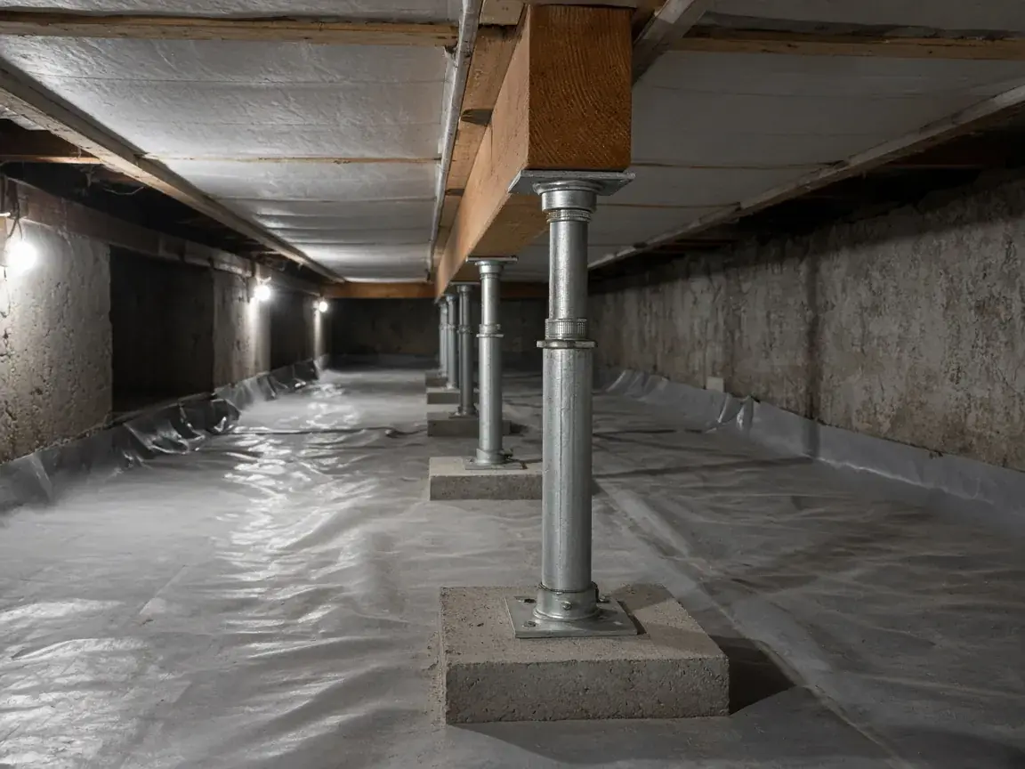 Row of steel support posts under a crawl space beam