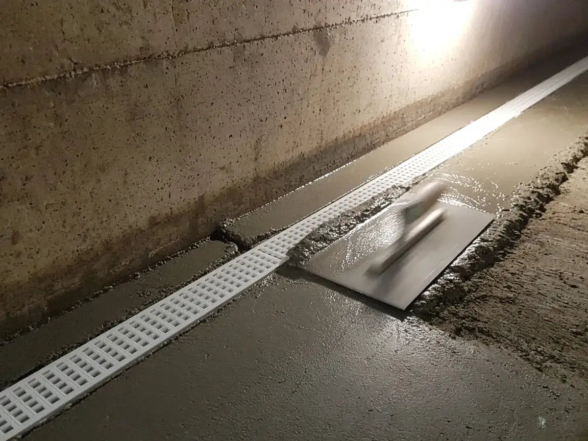 Edge drainage channel being trowelled at the floor-wall joint