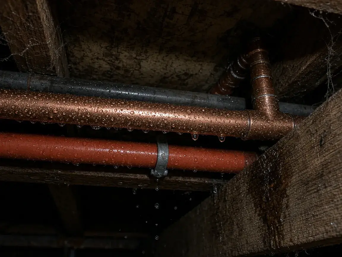 Condensation dripping from cold water pipes in a basement