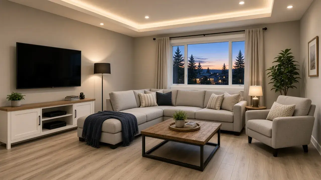 Bright, dry finished basement family room at dusk