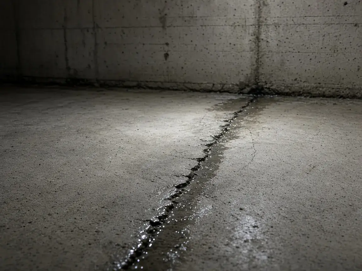Water seeping up through a crack in a basement floor slab