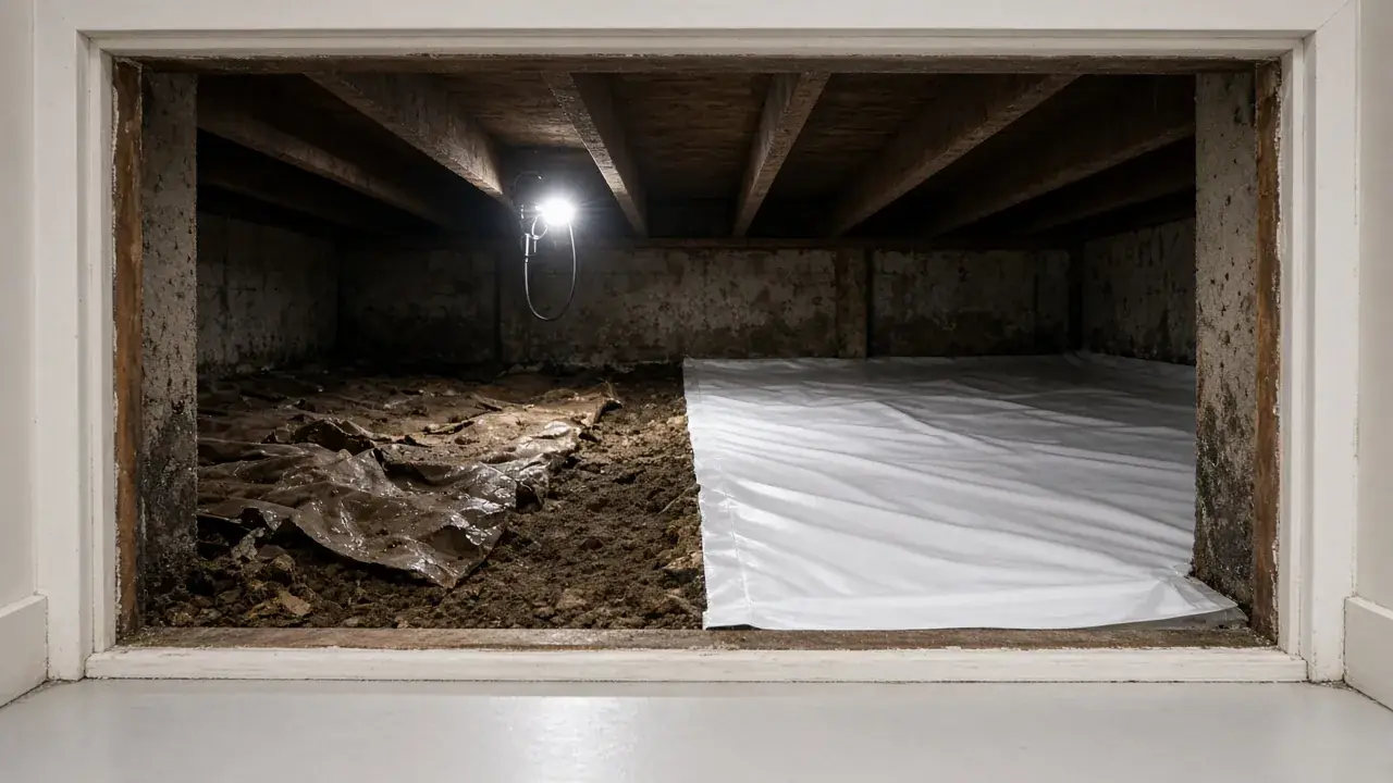 Crawl space half bare dirt and half lined with a vapour barrier