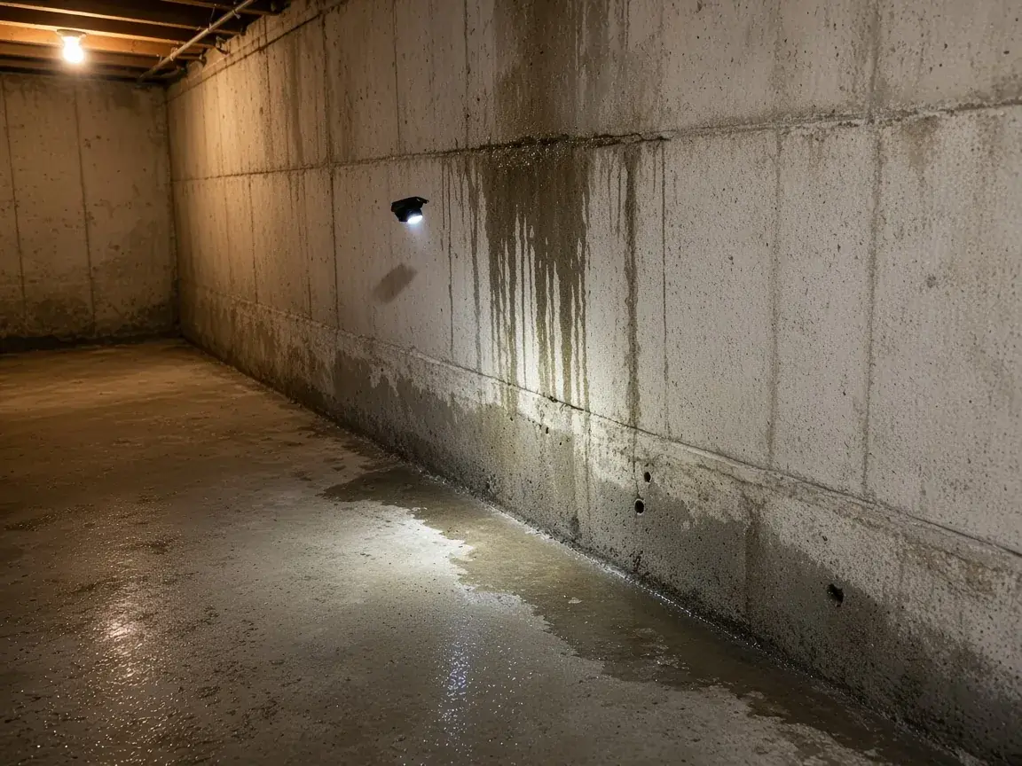 Water streaking down a poured concrete basement wall