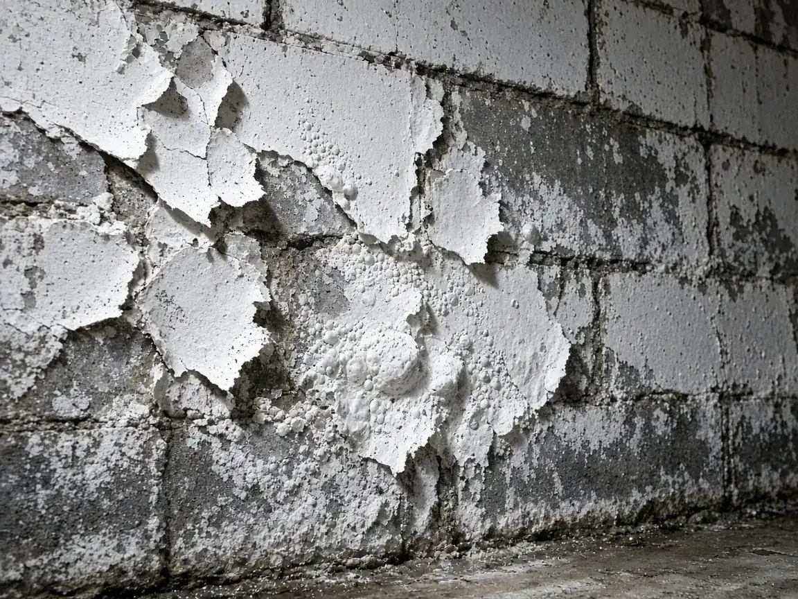 Peeling waterproof sealer on a damp block foundation wall