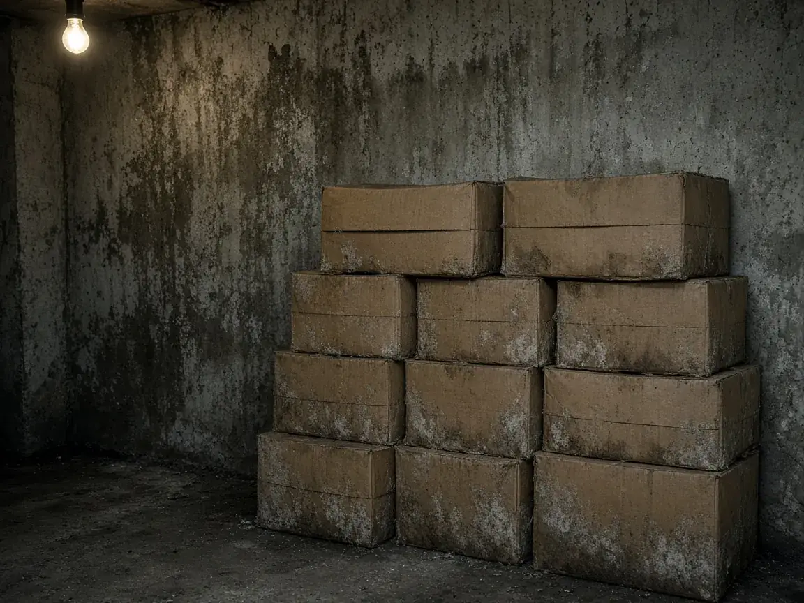 Mildew-stained storage boxes in a damp basement