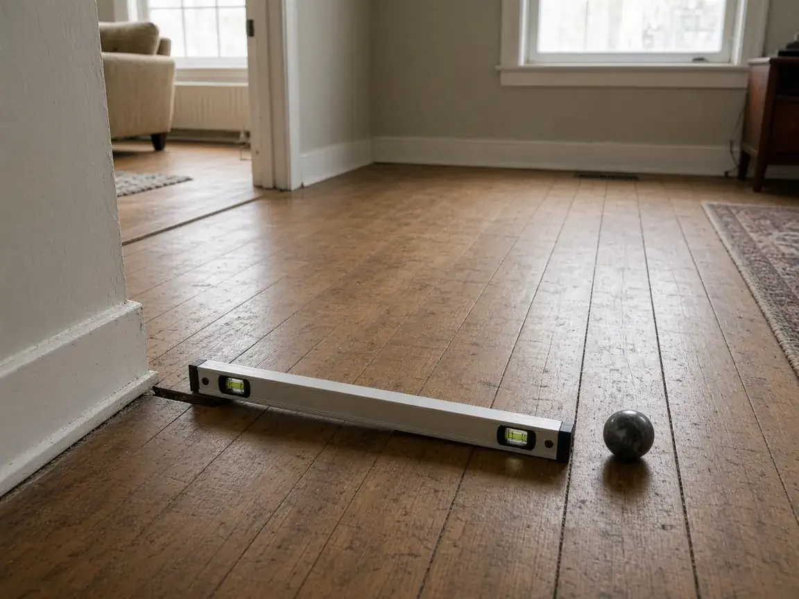 Level and marble showing a sagging floor
