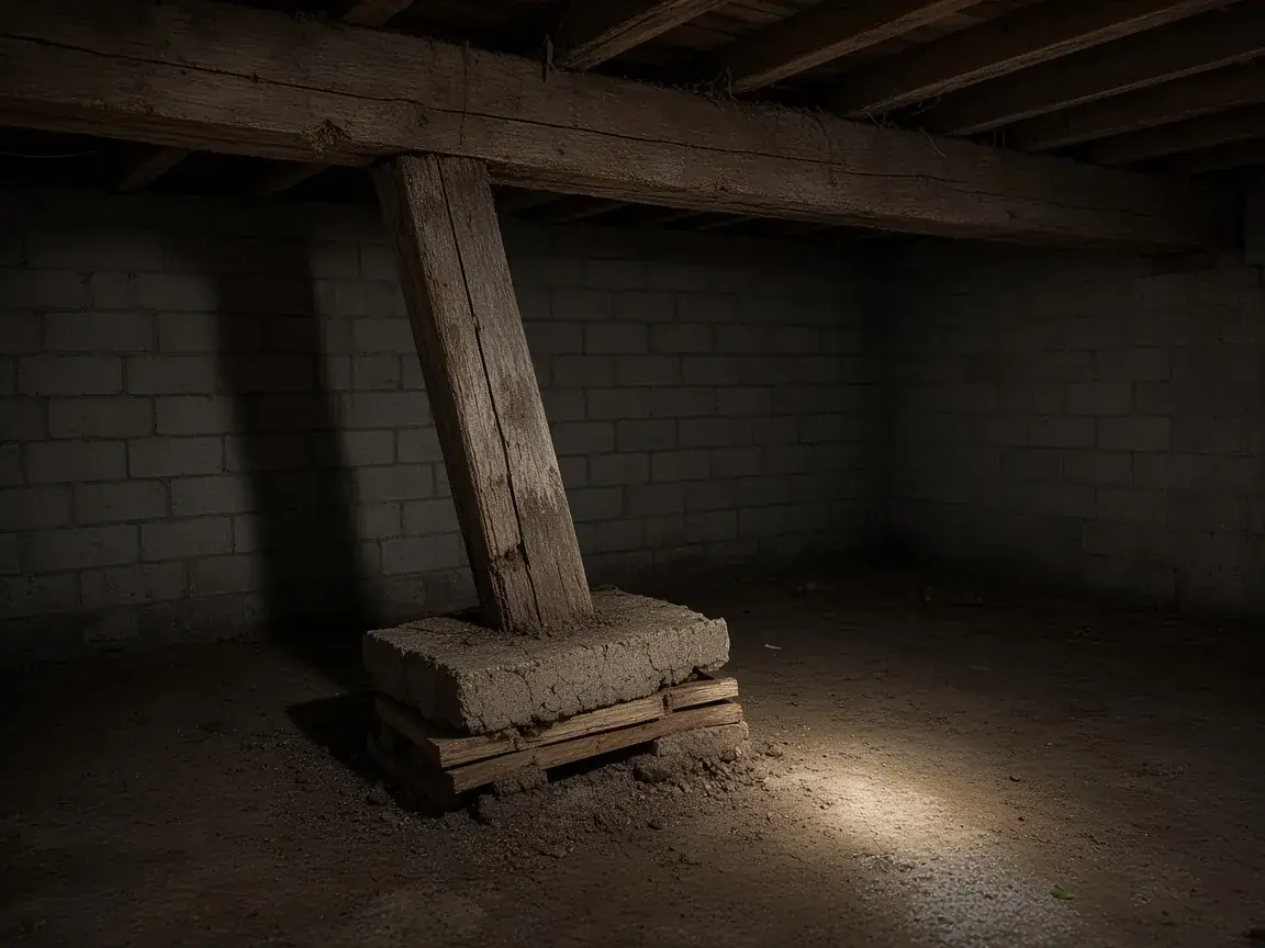 Leaning support post under a sagging basement beam