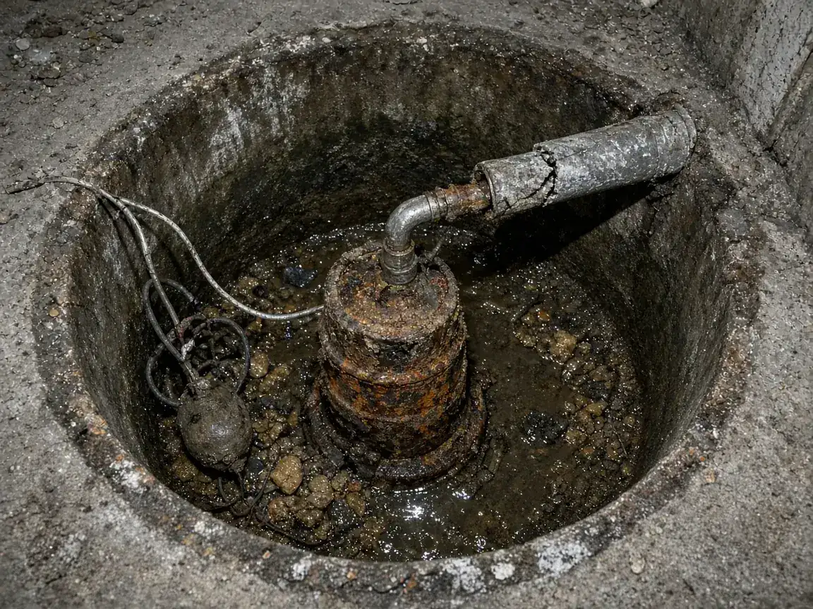 Rusty sump pump sitting in a dirty sump pit