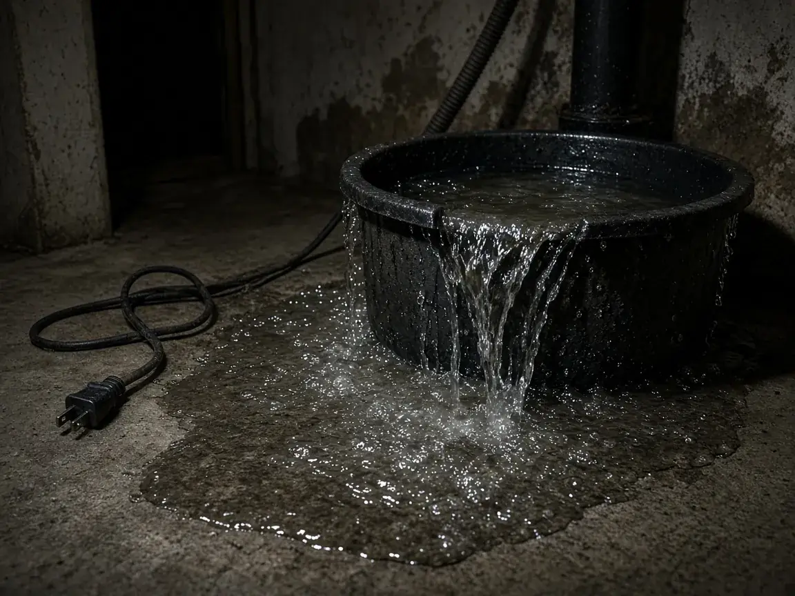 Overflowing sump pit with an unplugged pump cord