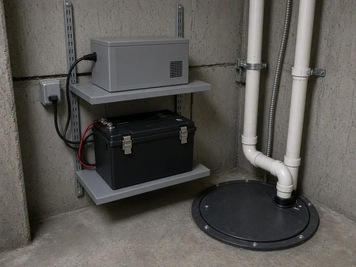Sump pump with battery backup and sealed lid