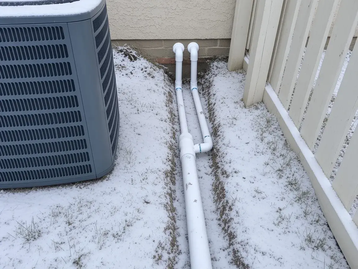 Sump discharge line outside a house in the snow