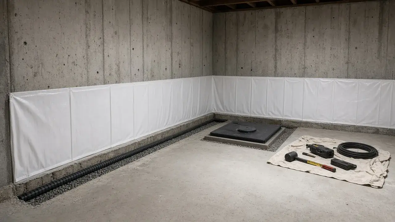 Basement waterproofing in progress with perimeter drain, wall liner and sealed sump