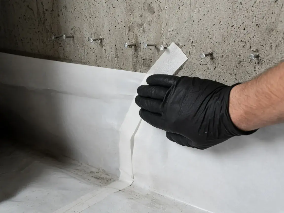 Gloved hand taping a vapour barrier seam