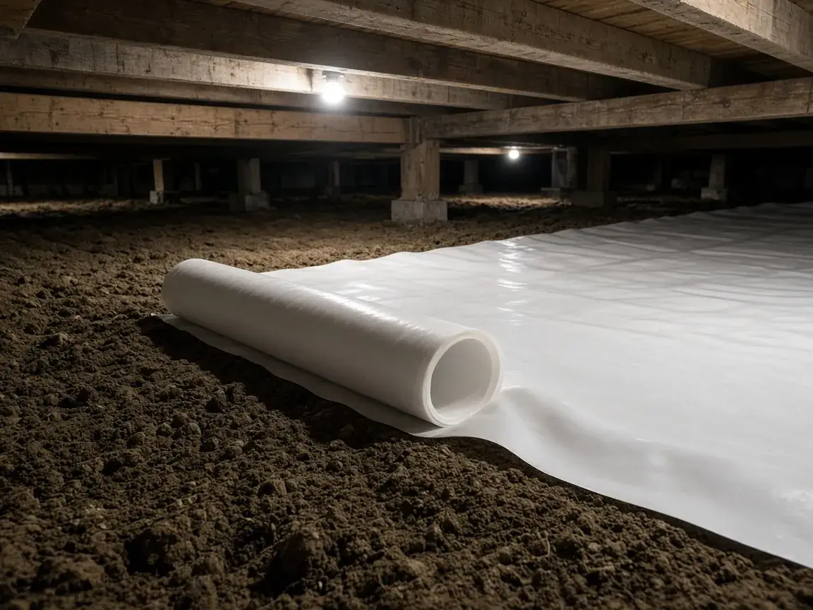 Vapour barrier liner being rolled out in a crawl space