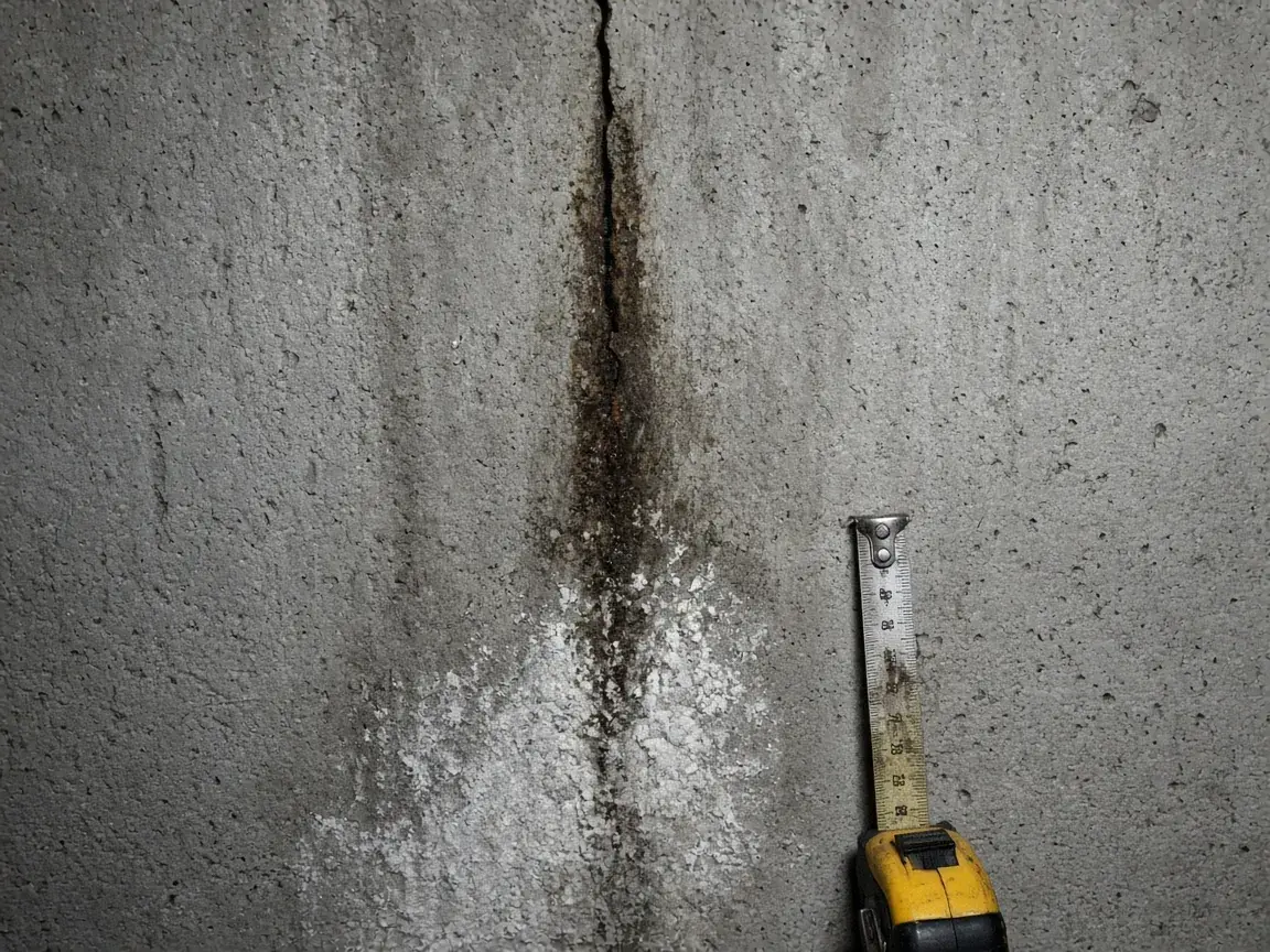 Vertical foundation wall crack measured with a tape measure