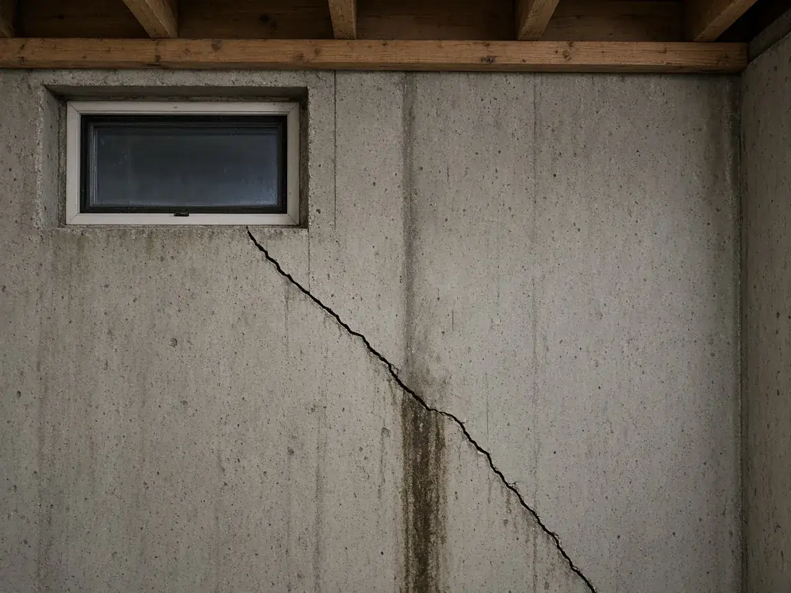 Diagonal crack running below a basement window