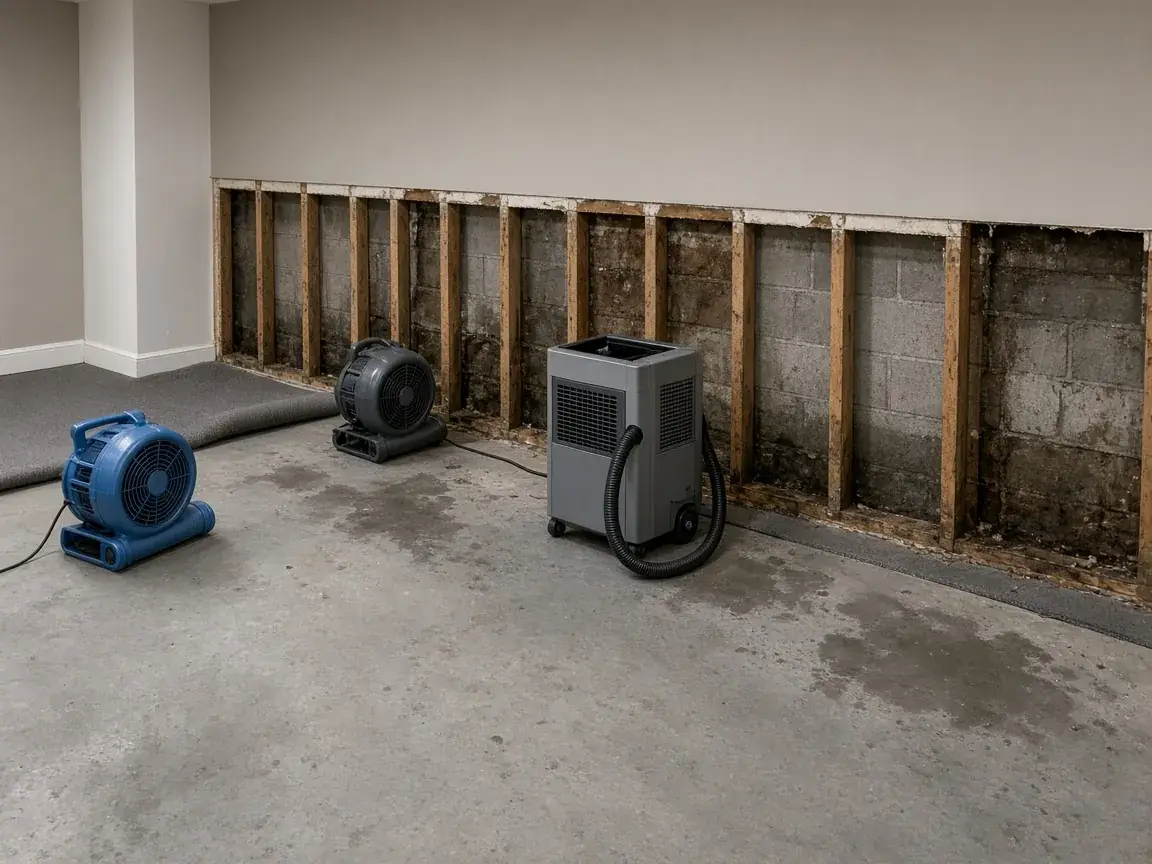 Basement flood cut with drying fans after water damage