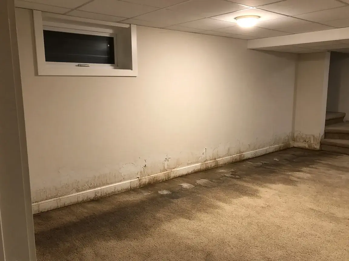 Wet carpet and water-stained baseboard in a finished basement