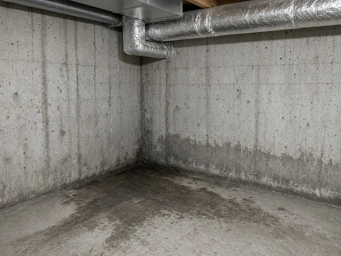 Damp corner of a basement slab with dark moisture staining