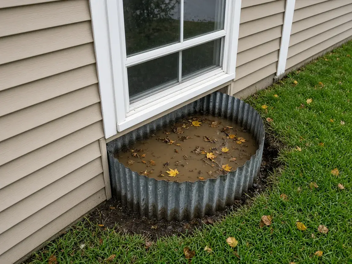 Basement window well filled with rainwater