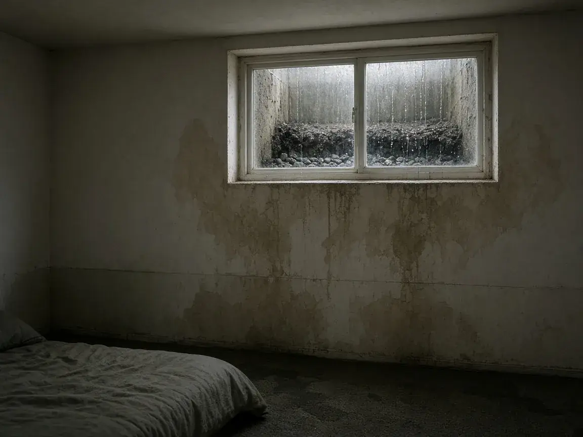Water running down a below-grade basement window, staining the bedroom wall