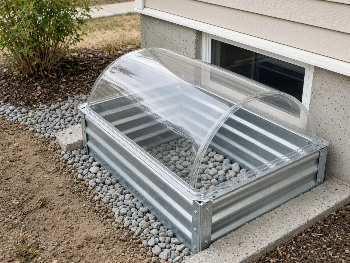 Clear dome cover over a basement window well