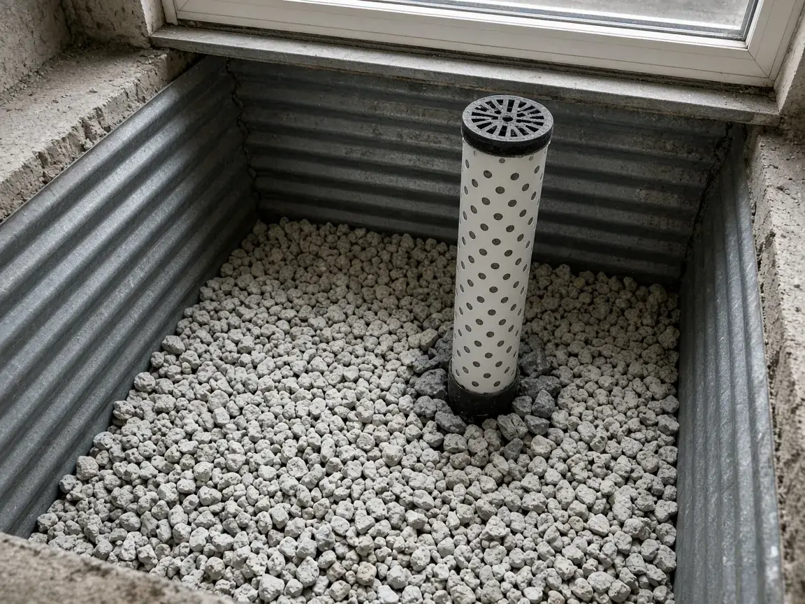 Window well drain riser set in gravel