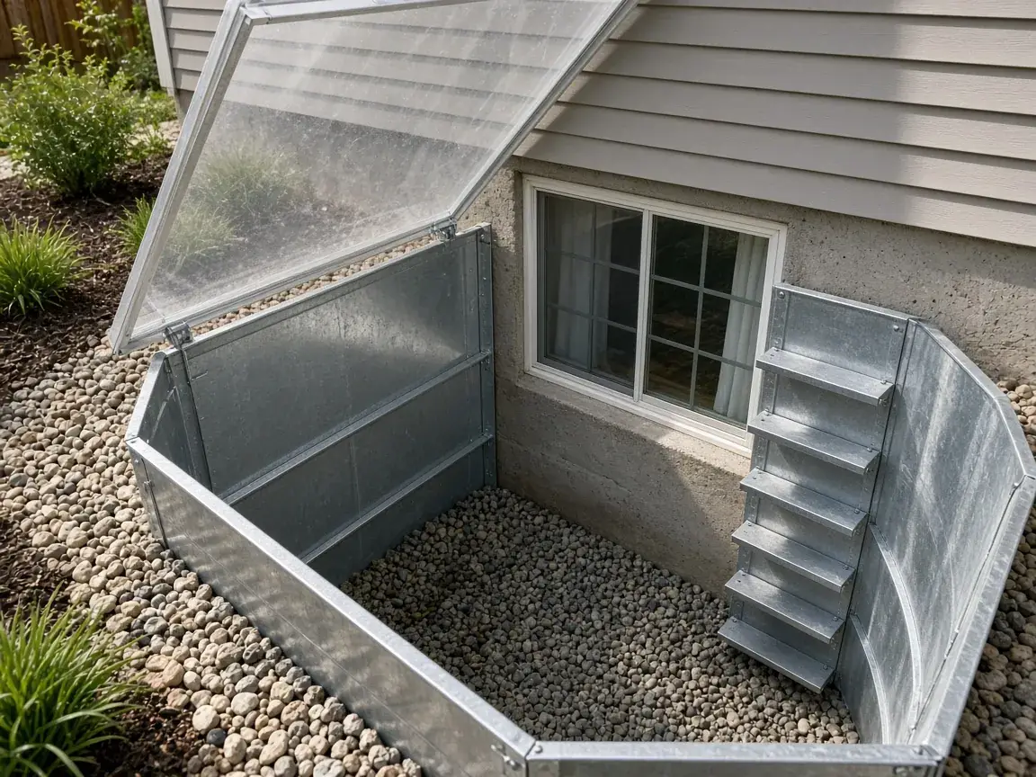 Egress window well with built-in steps