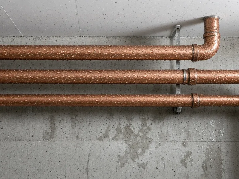 Condensation on basement pipes and a concrete wall