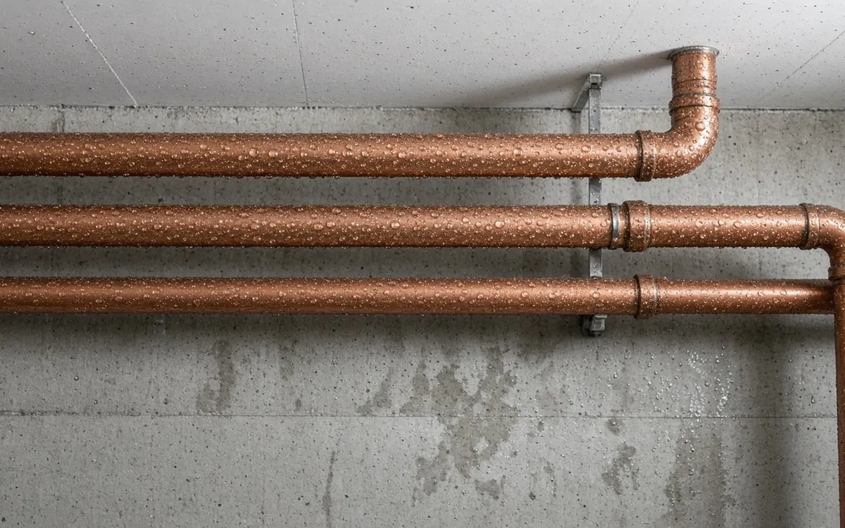 Condensation on basement pipes and a concrete wall