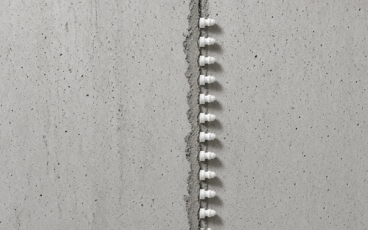 Basement wall crack sealed with injection ports