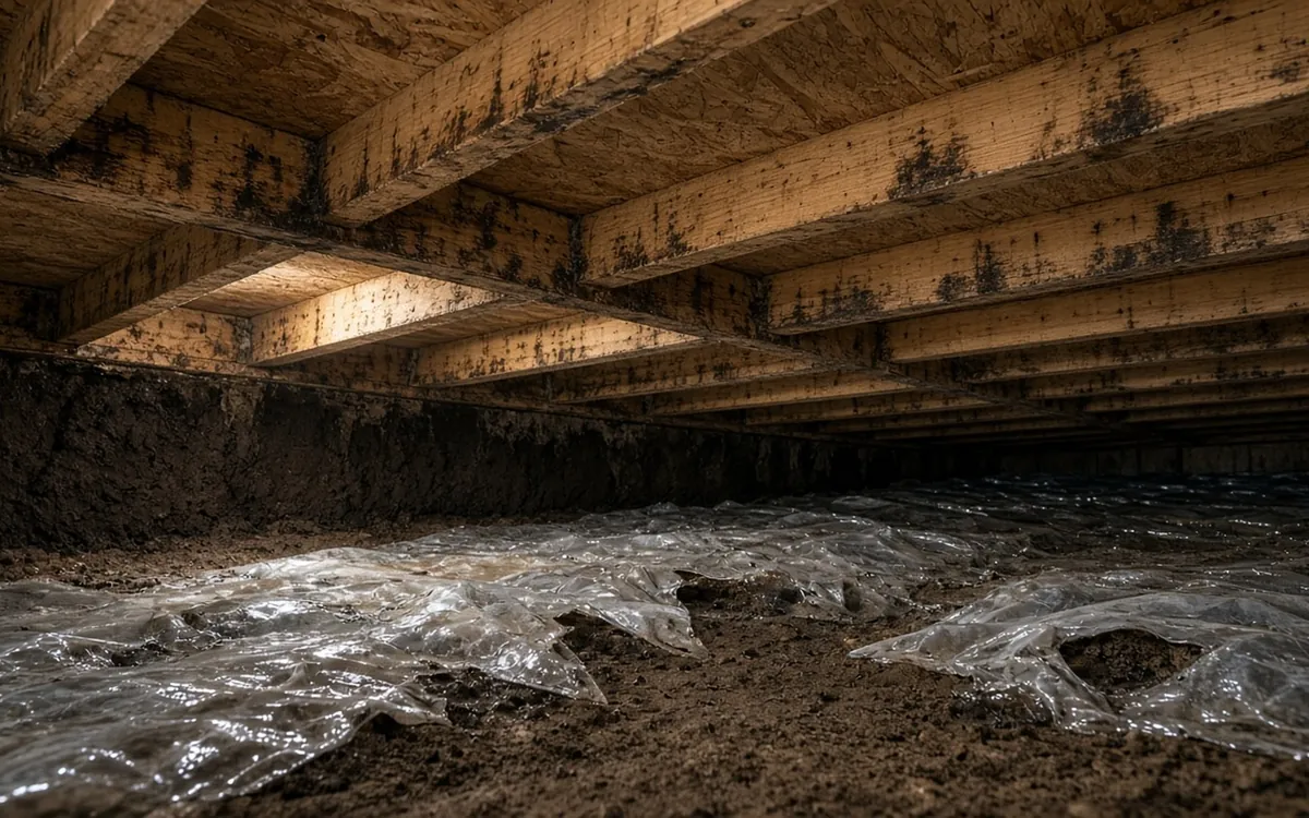 Damp crawl space with mould on the joists and torn plastic over wet soil