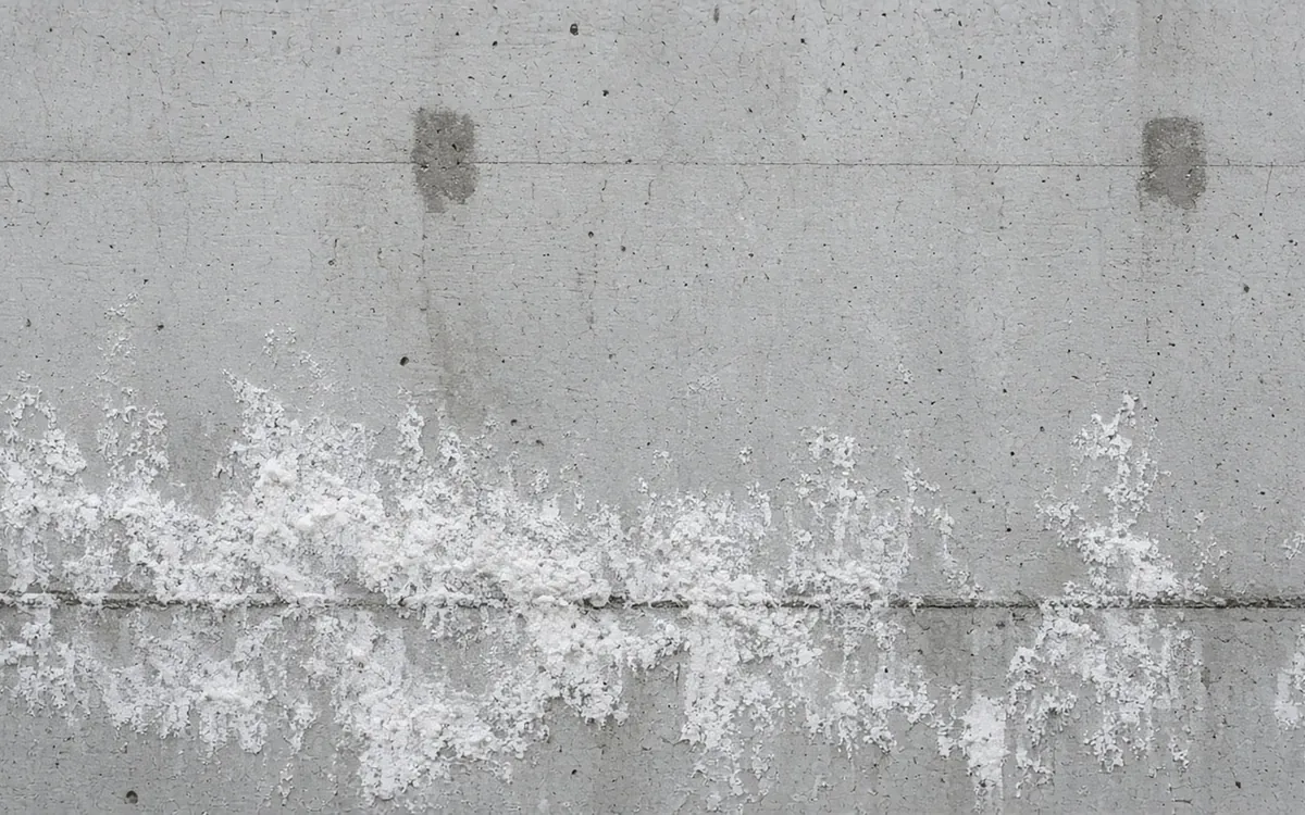 White efflorescence on a concrete basement wall